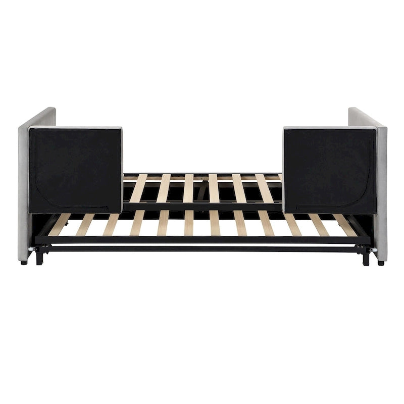 Grey Upholstered Twin Size Daybed with Pop Up Trundle, Multi-Functional Design