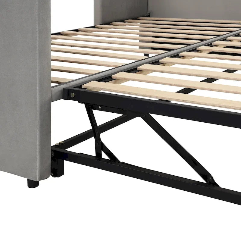 Grey Upholstered Twin Size Daybed with Pop Up Trundle, Multi-Functional Design