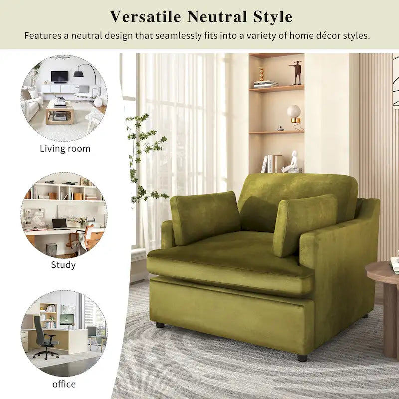 Green Modern 37 Accent chair with Plastic Legs and Pillows for Living Room