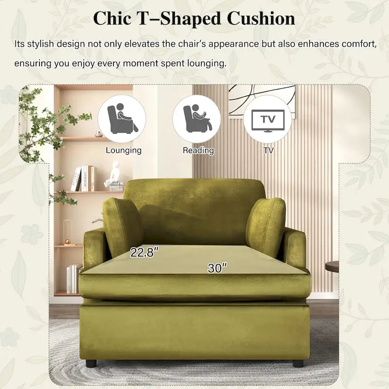 Green Modern 37 Accent chair with Plastic Legs and Pillows for Living Room