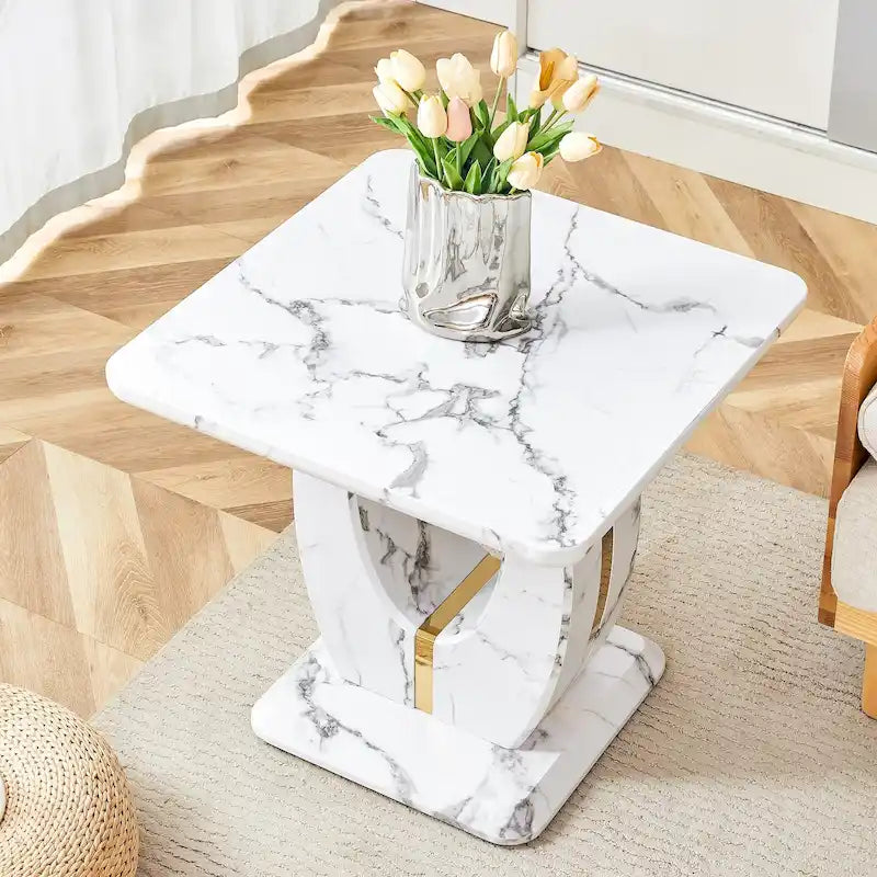 23.6 Modern Square Coffee Table with Gold Plated Decorative Strips for Living Room