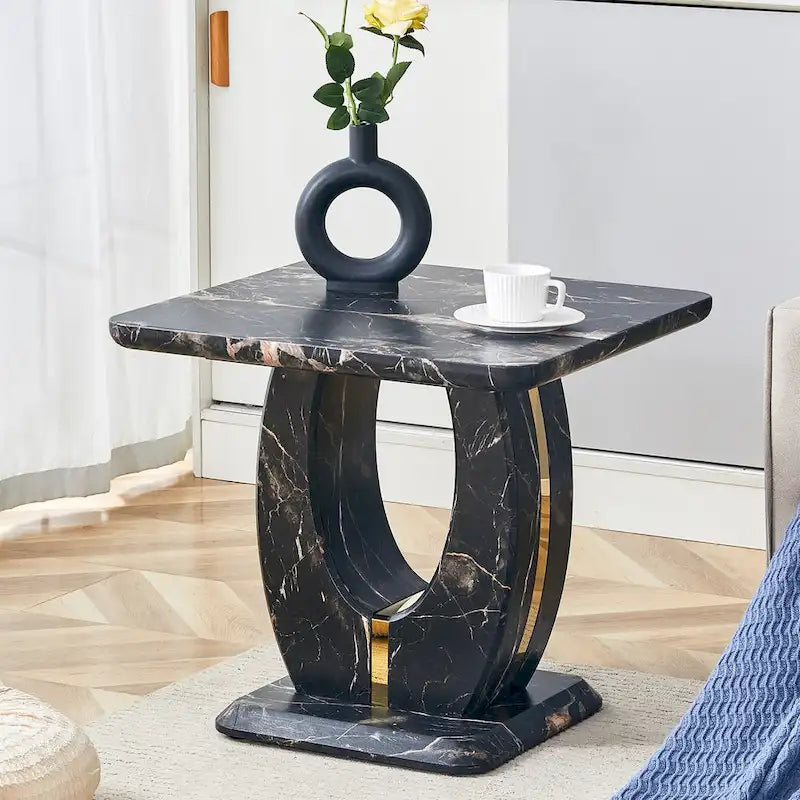 23.6 Modern Square Coffee Table with Gold Plated Decorative Strips for Living Room