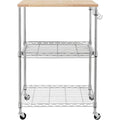 Tier Oak Wood Kitchen Cart with Wheels Slider Shelf and Hooks for Microwave Coffee Storage in Dining Room