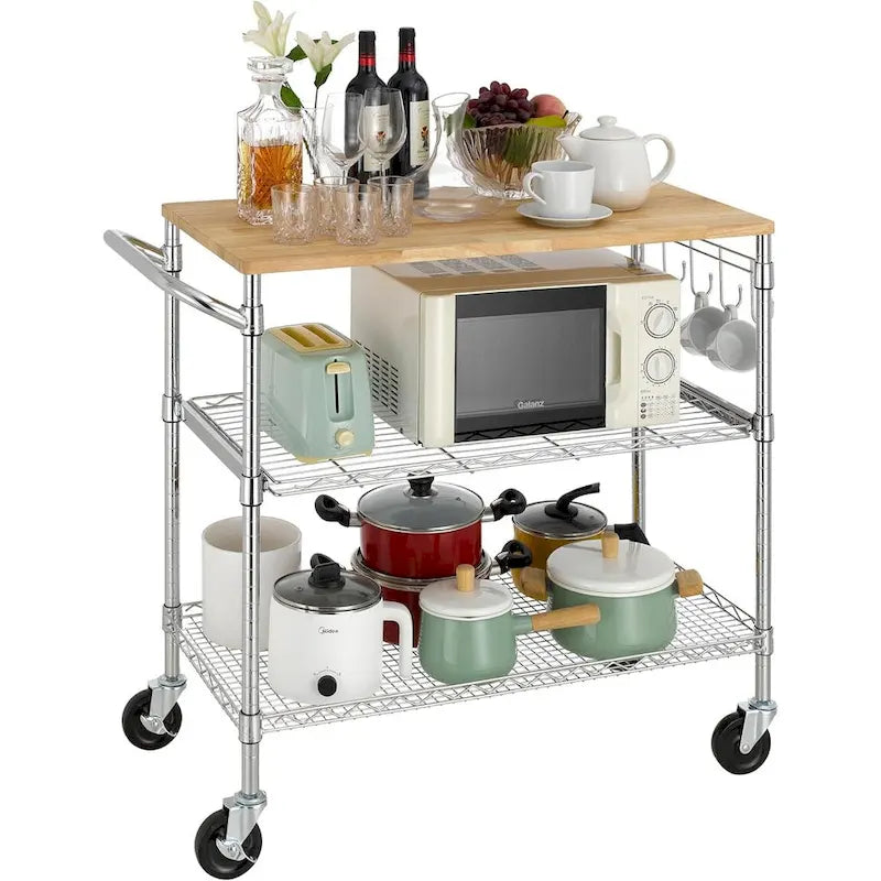 Tier Oak Wood Kitchen Cart with Wheels Slider Shelf and Hooks for Microwave Coffee Storage in Dining Room