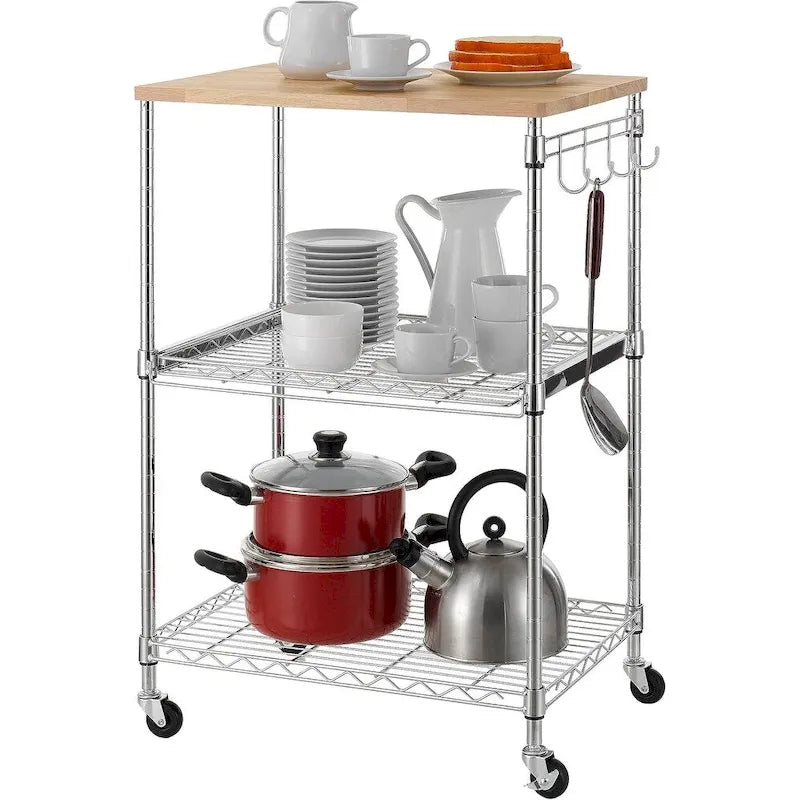 Tier Oak Wood Kitchen Cart with Wheels Slider Shelf and Hooks for Microwave Coffee Storage in Dining Room