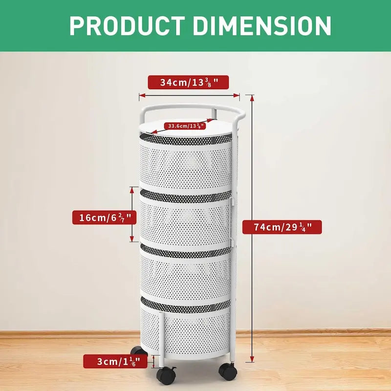 Multi-Tier Rotating Storage Basket with Wheels for Vegetables Fruits Groceries in Kitchen Household Organizer