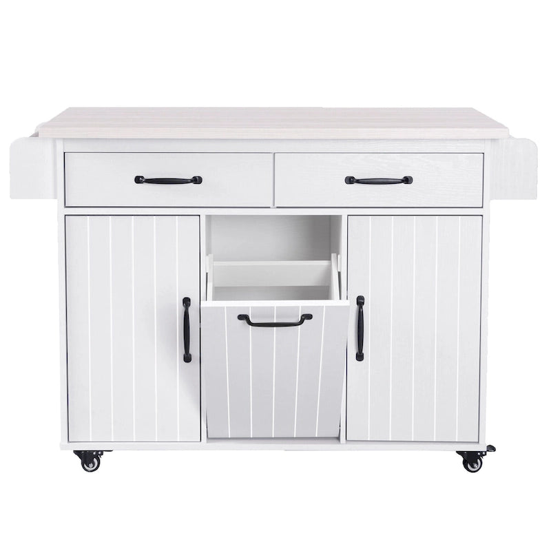 Kitchen Island with Trash Can Storage Cabinet, Rolling Kitchen Island on Wheels with Adjustable Shelf, Drop Leaf & Drawer
