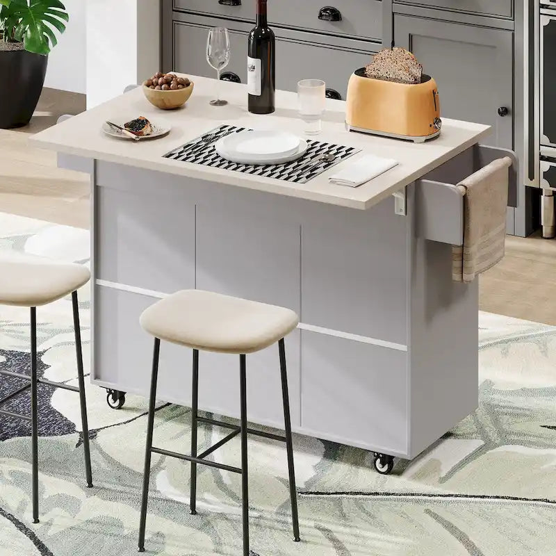 Kitchen Island with Trash Can Storage Cabinet, Rolling Kitchen Island on Wheels with Adjustable Shelf, Drop Leaf & Drawer