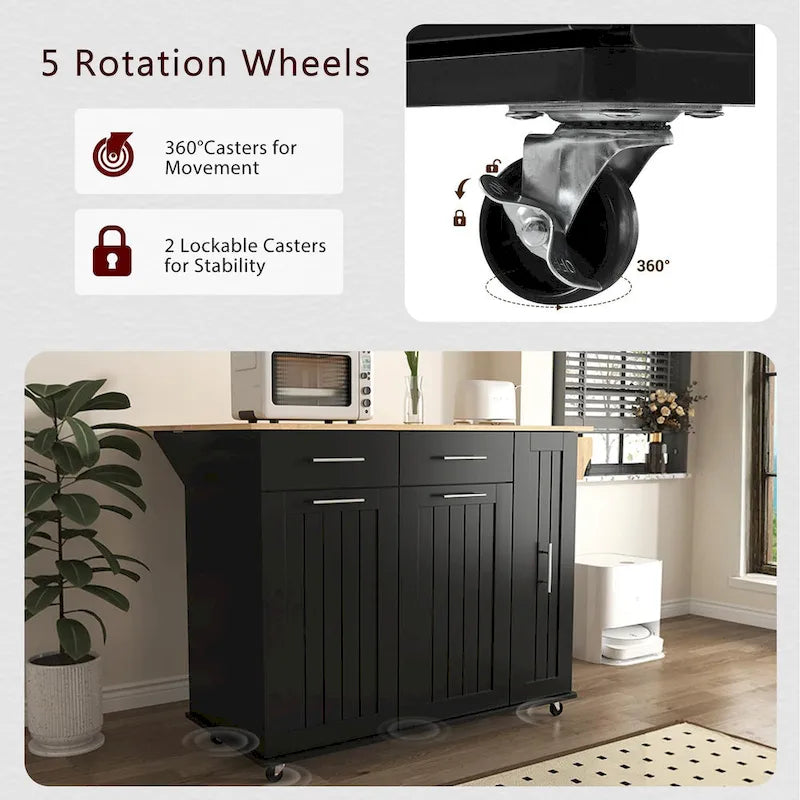 Rolling Kitchen Island Cart, Kitchen Island with 3 Tier Pull Out Cabinet, Portable Trolley Island with Drop Leaf & 2 Drawers