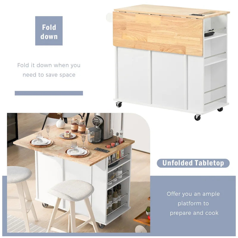 Roomfitters Kitchen Island with Power Outlet, Kitchen Storage Island with Drop Leaf and Rubber Wood, 5 Wheels