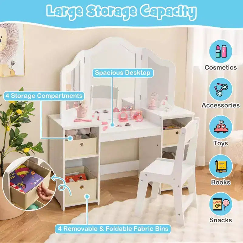 Coiffeuse et Chaise pour Enfants, Table de Maquillage Princesse Rose/Blanc
