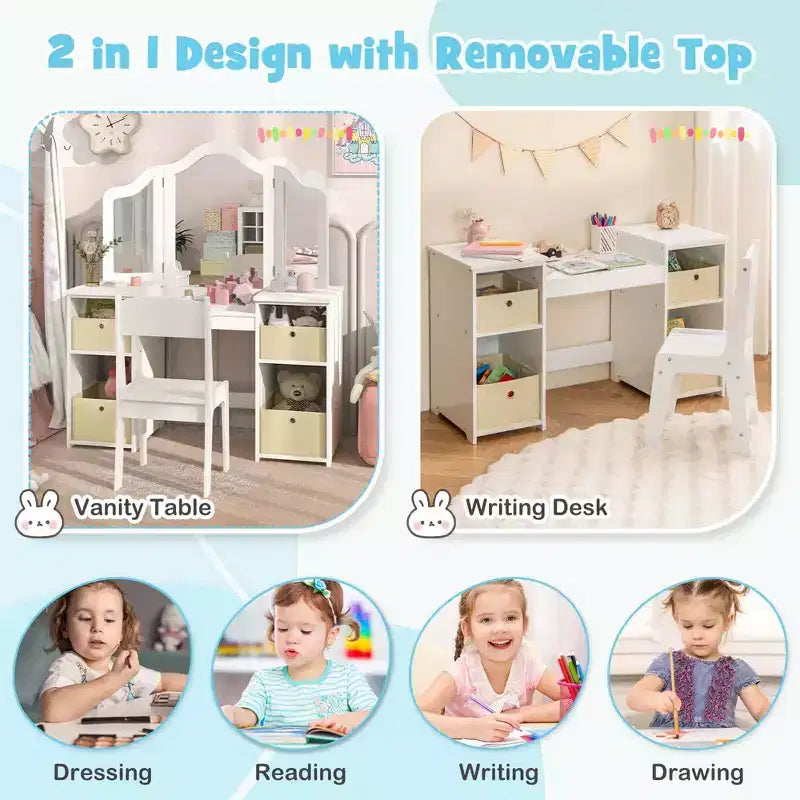 Coiffeuse et Chaise pour Enfants, Table de Maquillage Princesse Rose/Blanc