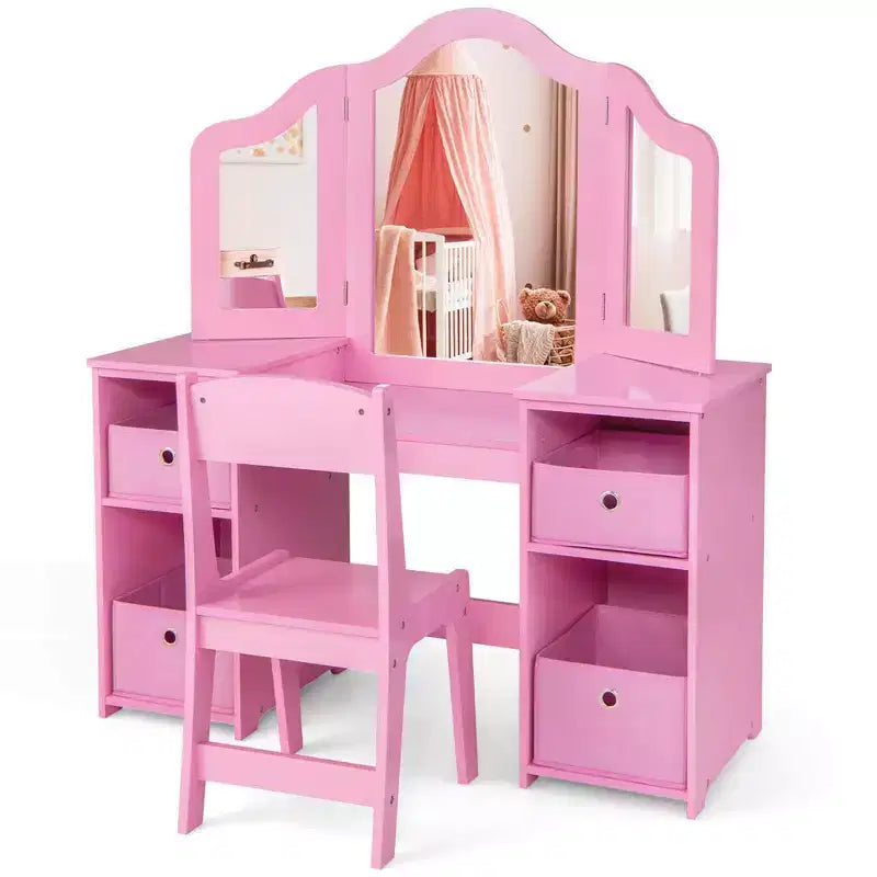 Coiffeuse et Chaise pour Enfants, Table de Maquillage Princesse Rose/Blanc