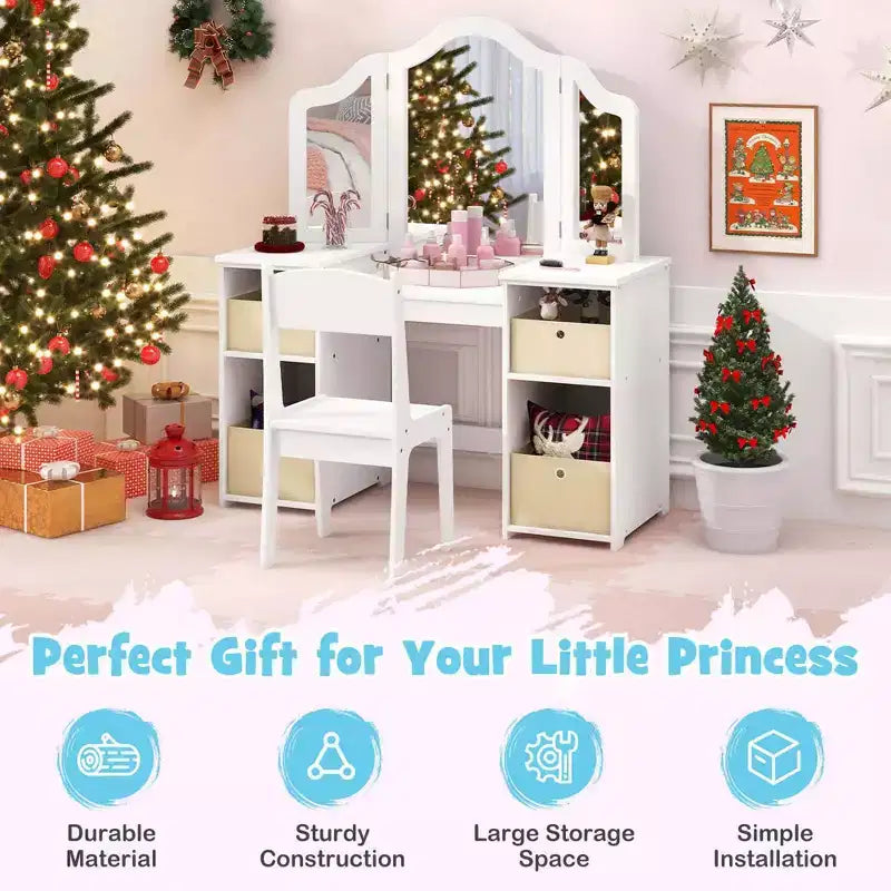 Coiffeuse et Chaise pour Enfants, Table de Maquillage Princesse Rose/Blanc