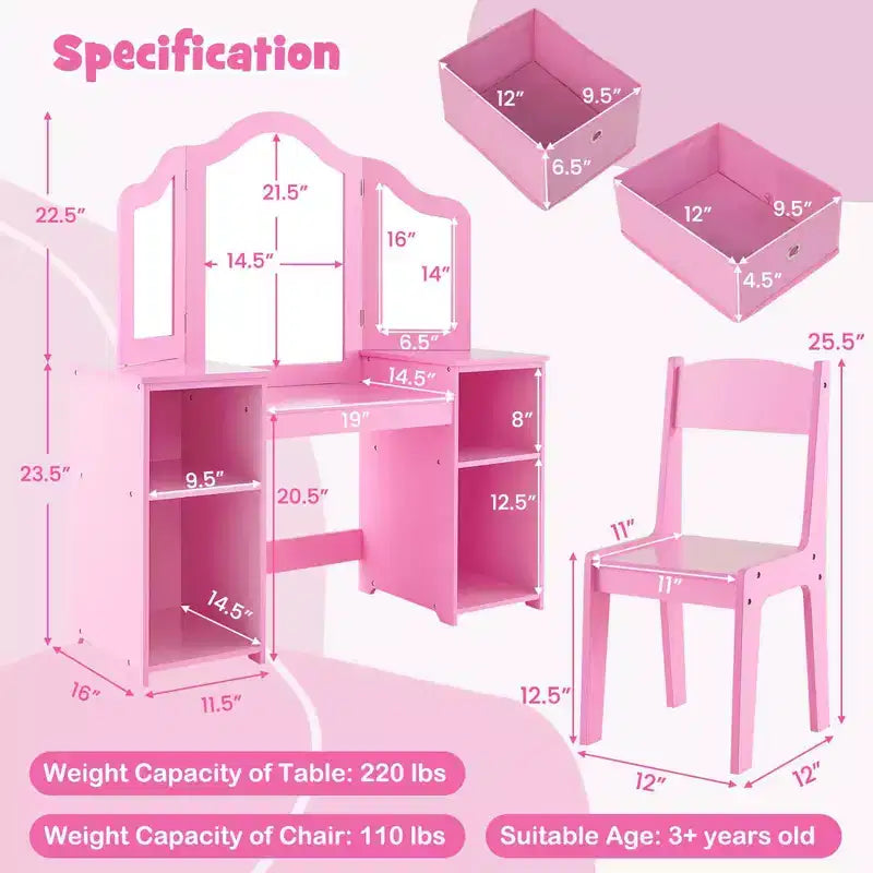 Coiffeuse et Chaise pour Enfants, Table de Maquillage Princesse Rose/Blanc