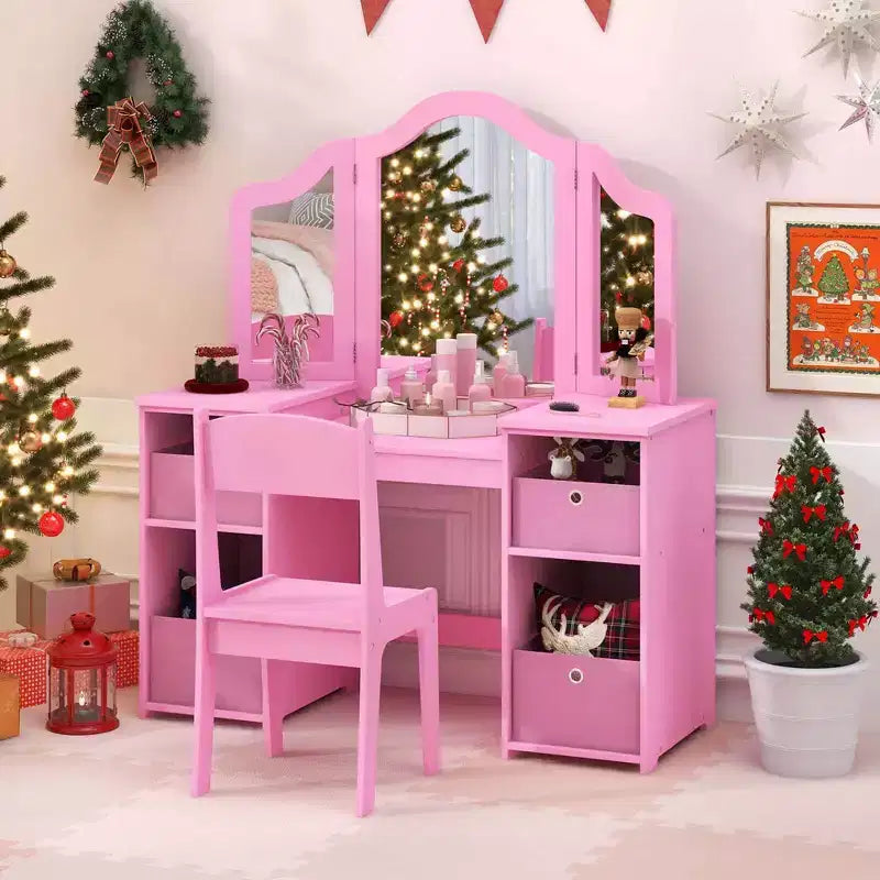 Coiffeuse et Chaise pour Enfants, Table de Maquillage Princesse Rose/Blanc