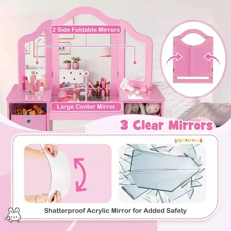 Coiffeuse et Chaise pour Enfants, Table de Maquillage Princesse Rose/Blanc