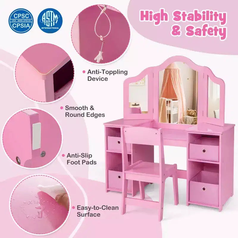 Coiffeuse et Chaise pour Enfants, Table de Maquillage Princesse Rose/Blanc