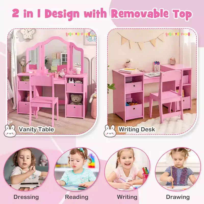 Coiffeuse et Chaise pour Enfants, Table de Maquillage Princesse Rose/Blanc