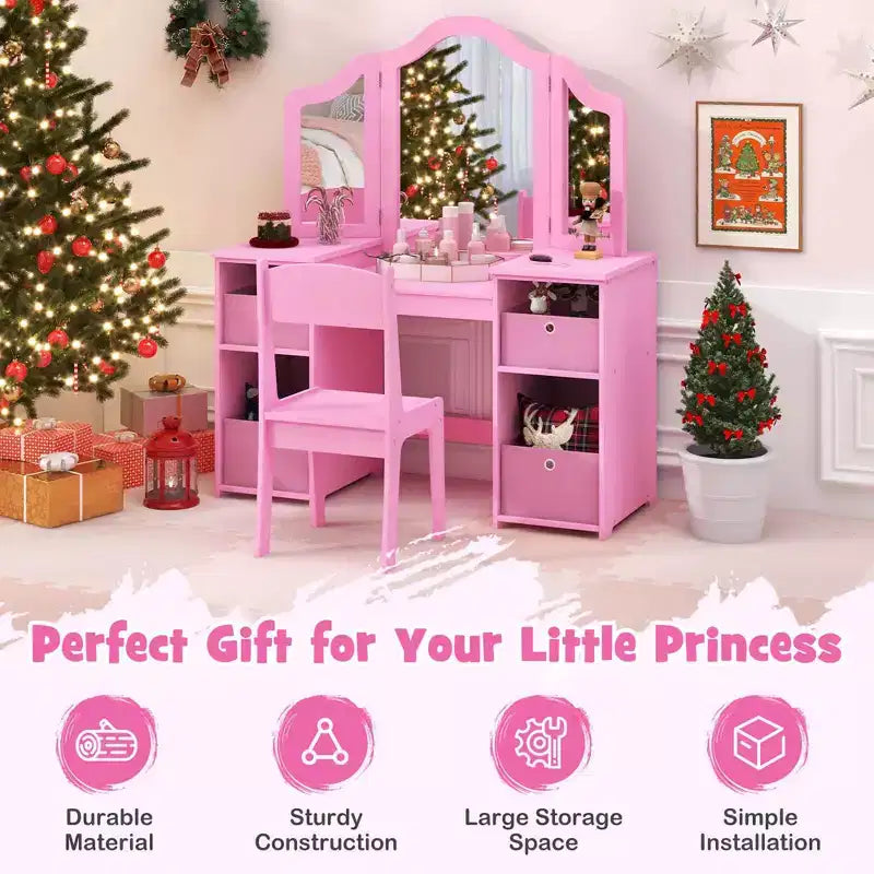 Coiffeuse et Chaise pour Enfants, Table de Maquillage Princesse Rose/Blanc