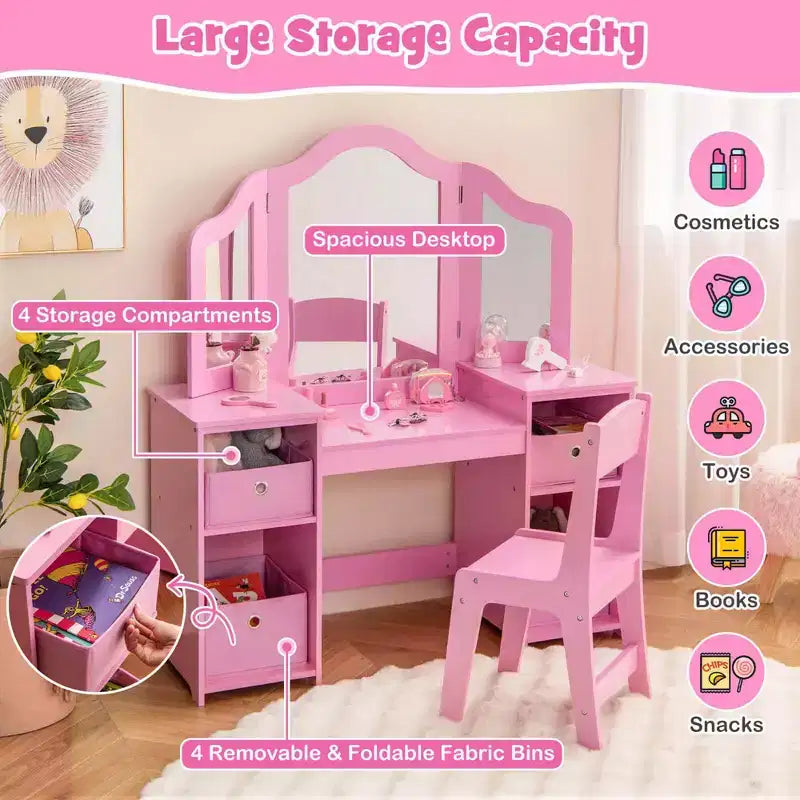 Coiffeuse et Chaise pour Enfants, Table de Maquillage Princesse Rose/Blanc