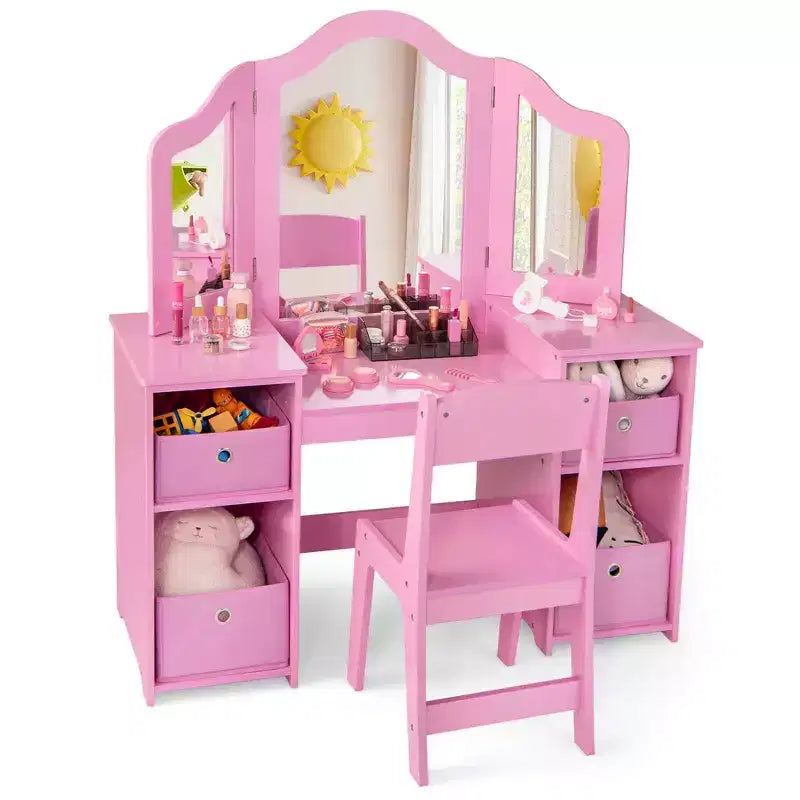 Costway Kids Vanity Table & Chair Set 2-in-1 Princess Pretend Play Makeup Vanity Set Pink/White