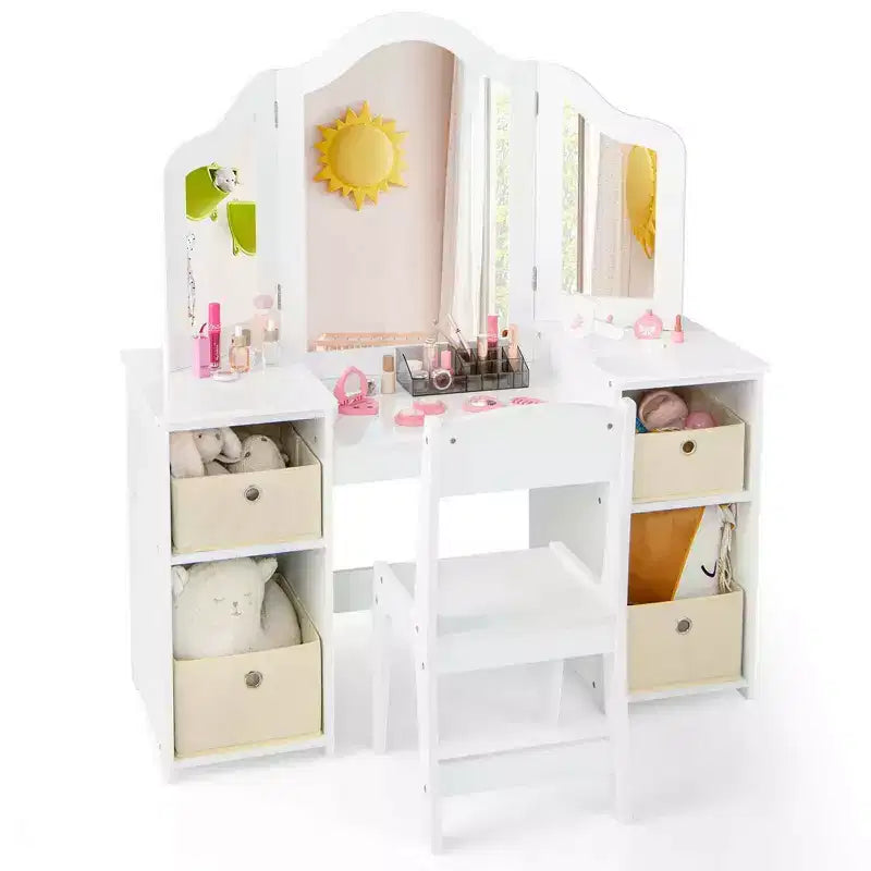 Coiffeuse et Chaise pour Enfants, Table de Maquillage Princesse Rose/Blanc
