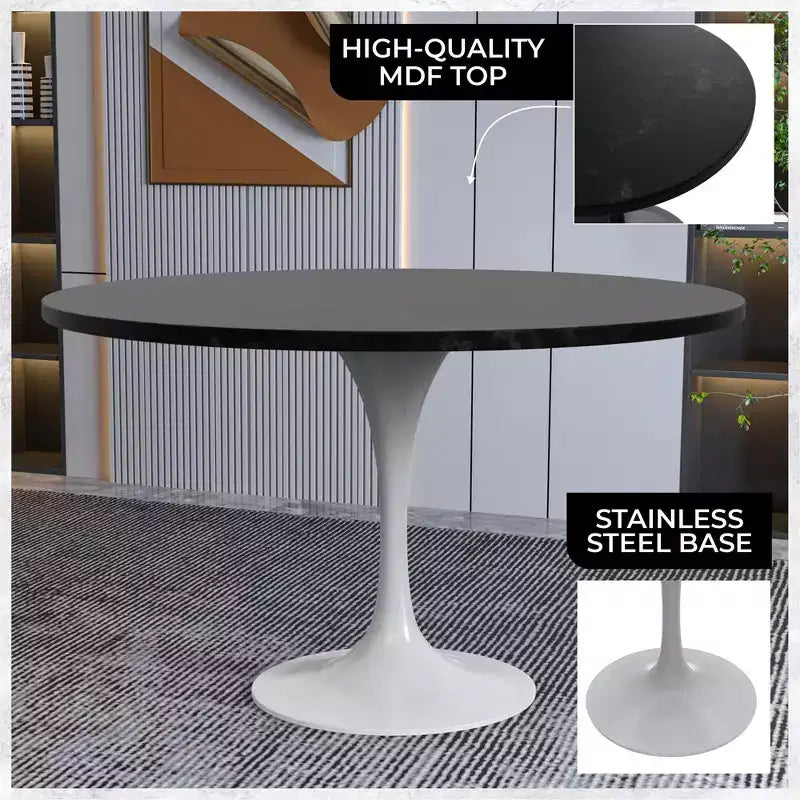 Table moderne du milieu du siècle avec un plateau rond en MDF de 48 pouces et une base piédestal en acier blanc