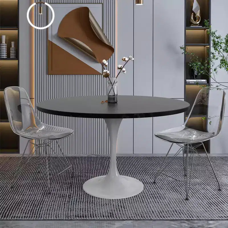 Table moderne du milieu du siècle avec un plateau rond en MDF de 48 pouces et une base piédestal en acier blanc