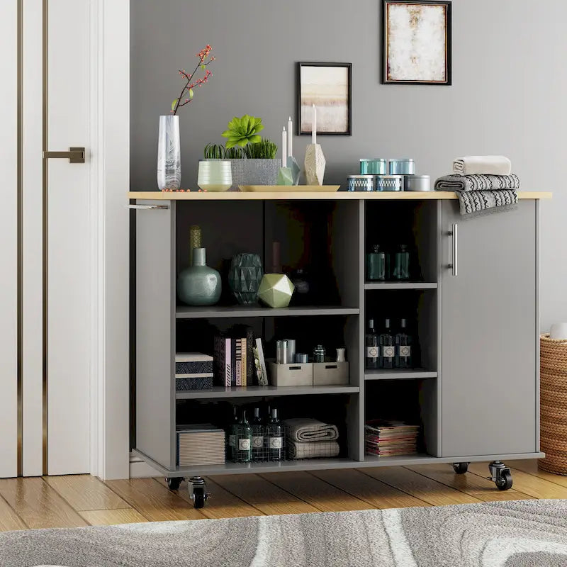 Futzca 47W Kitchen Storage Island Cart with 6 Open Shelves and 1 Cabinet