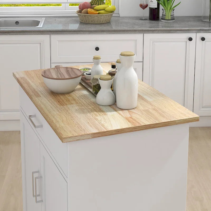 Rolling Kitchen Island Trolley Cart with Adjustable Shelves, Solid Wood Tabletop and Towel Rack
