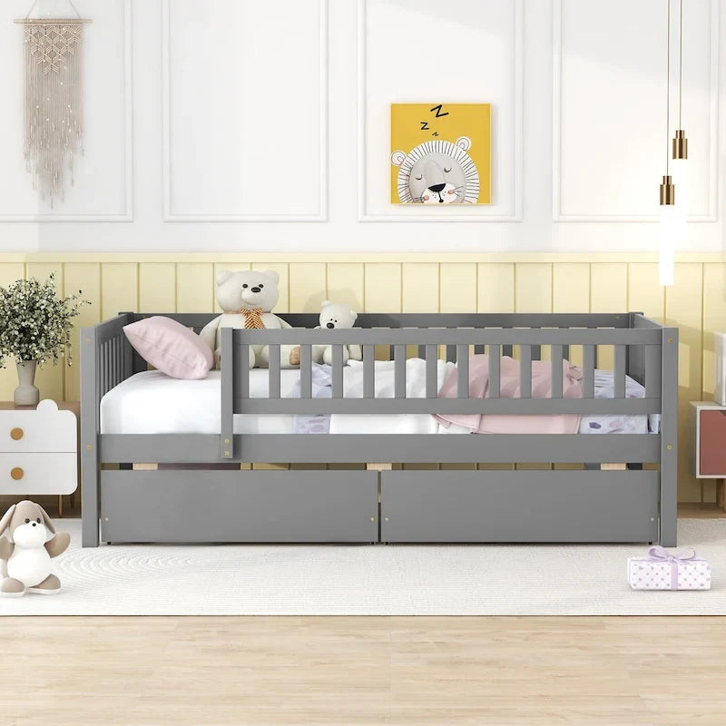 Twin Size Daybed Wood Bed With Two Drawers, Gray