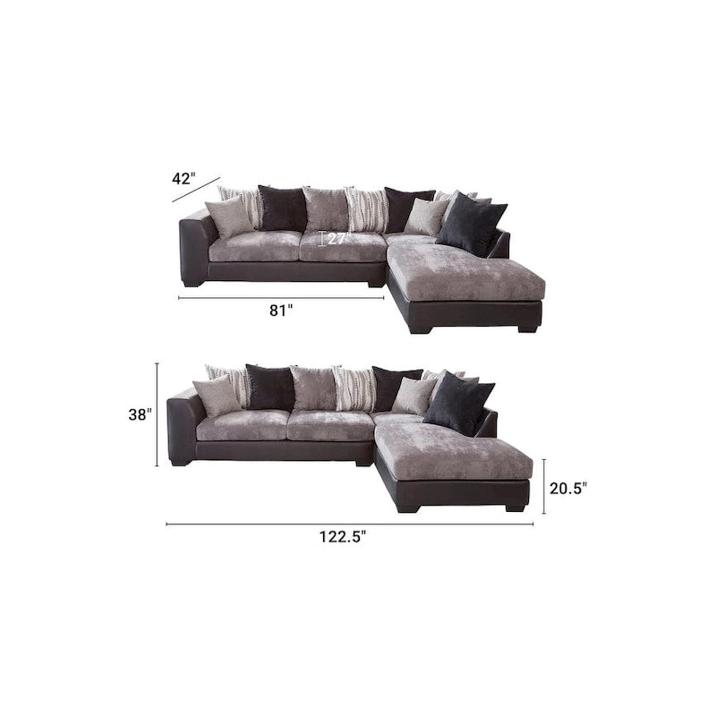 American Furniture Classics Casual Comfort Charcoal and Black, L Shaped Sectional Sofa with 8 Back Pillows and 2 Accent Pillows