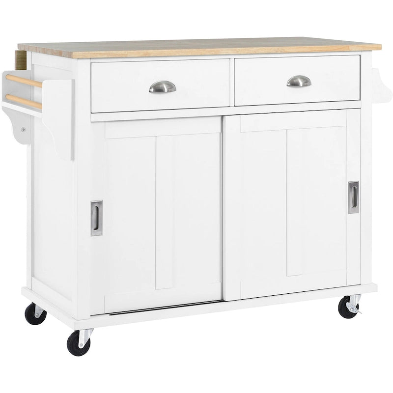 Kitchen Cart with Rubber wood Drop-Leaf Countertop, Concealed sliding barn door adjustable height