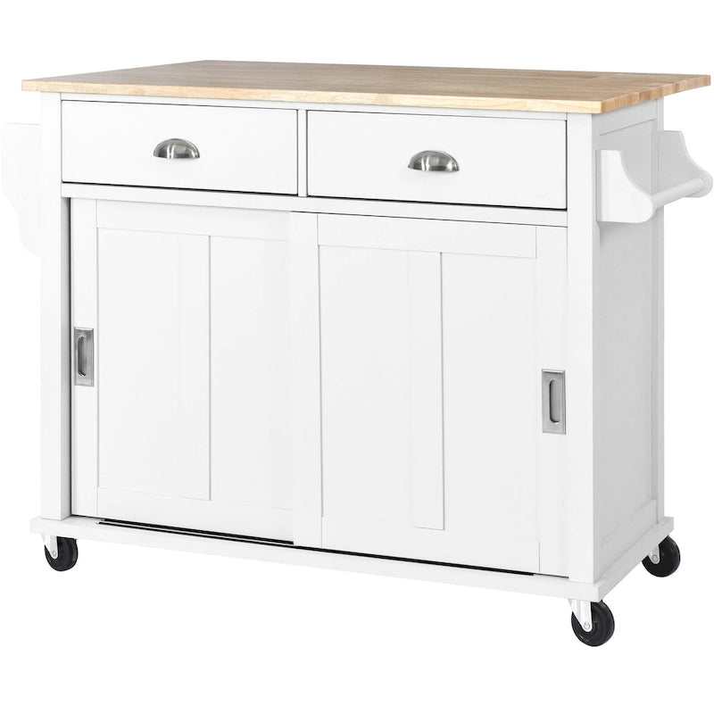 Kitchen Cart with Rubber wood Drop-Leaf Countertop, Concealed sliding barn door adjustable height