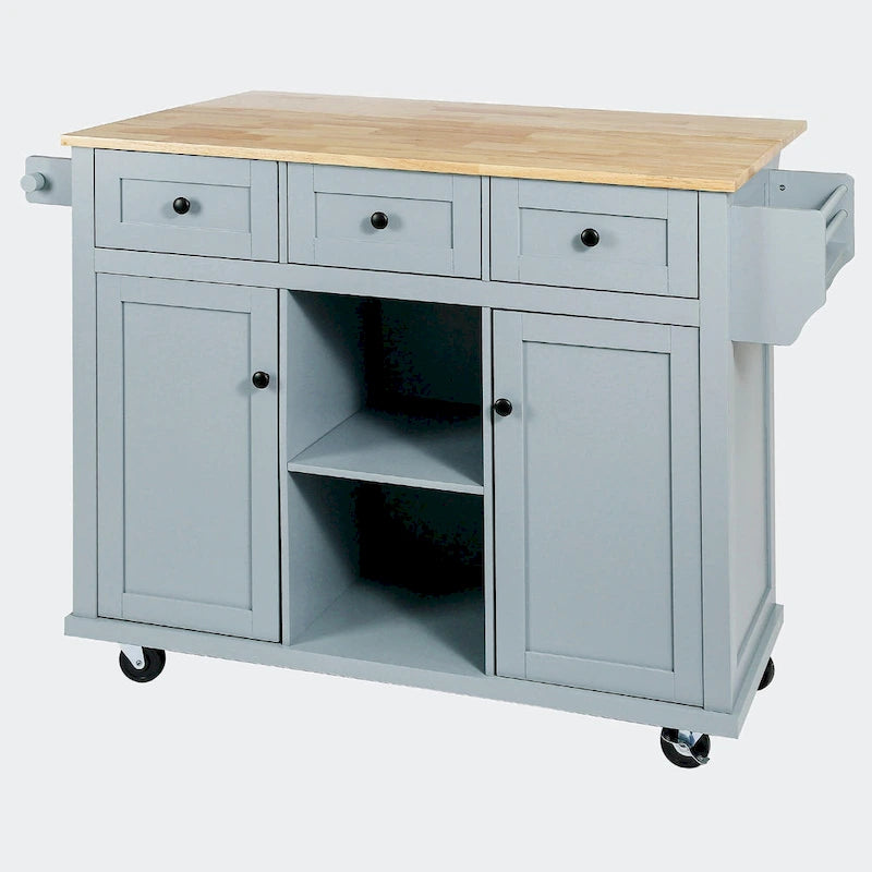 Kitchen Cart with Rubber wood Drop-Leaf Countertop