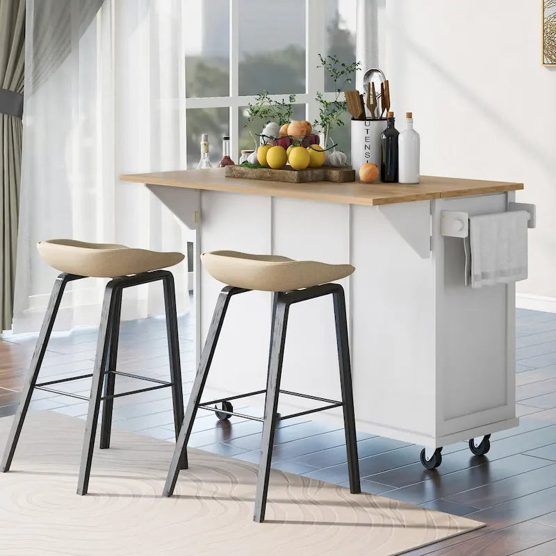 Kitchen Cart with Rubber wood Drop-Leaf Countertop
