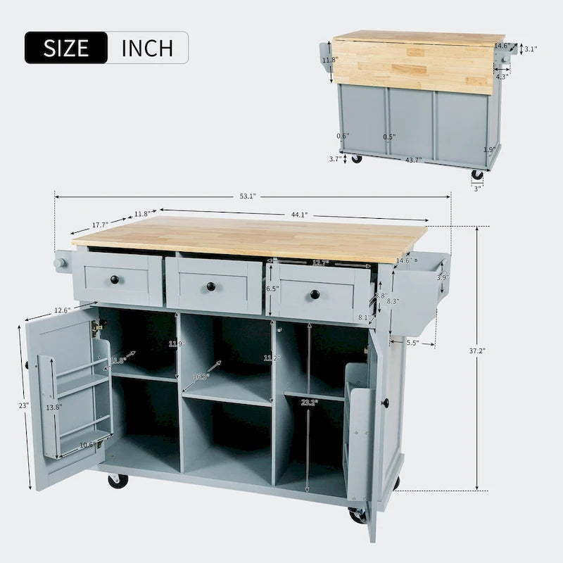 Kitchen Cart with Rubber wood Drop-Leaf Countertop