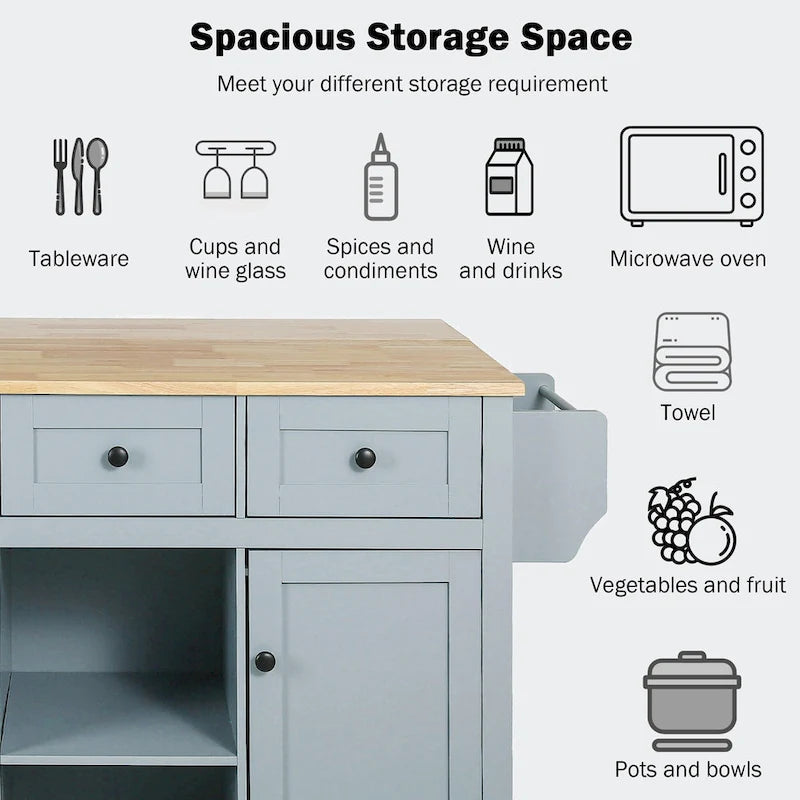 Kitchen Cart with Rubber wood Drop-Leaf Countertop