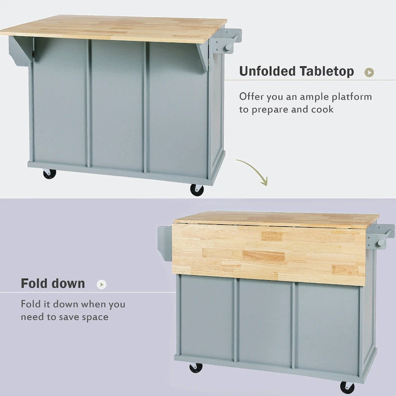 Kitchen Cart with Rubber wood Drop-Leaf Countertop