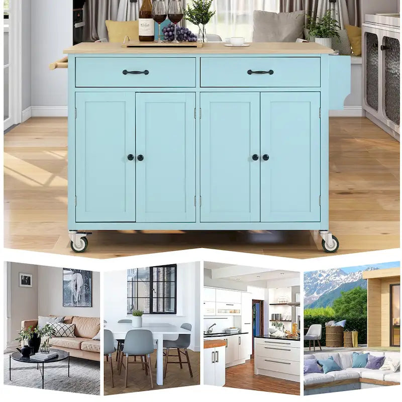 Kitchen Island Cart with 4 Door Cabinet and Two Drawers and 2 Locking Wheels - Solid Wood Top