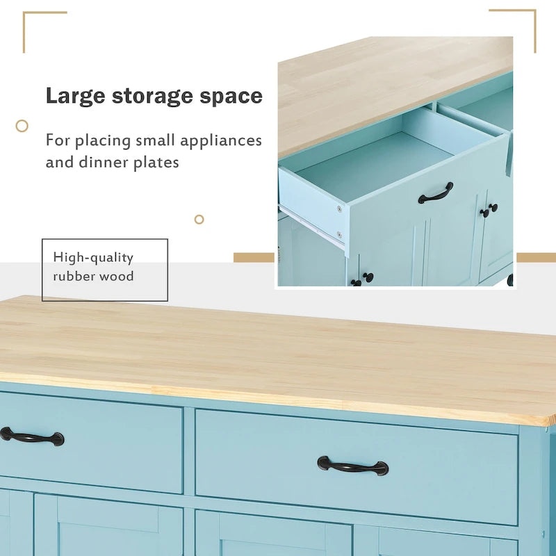 Kitchen Island Cart with 4 Door Cabinet and Two Drawers and 2 Locking Wheels - Solid Wood Top