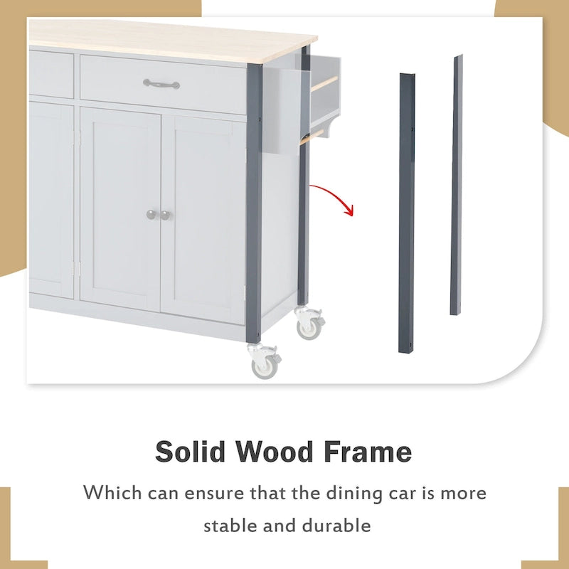 Kitchen Island Cart with 4 Door Cabinet and Two Drawers and 2 Locking Wheels - Solid Wood Top