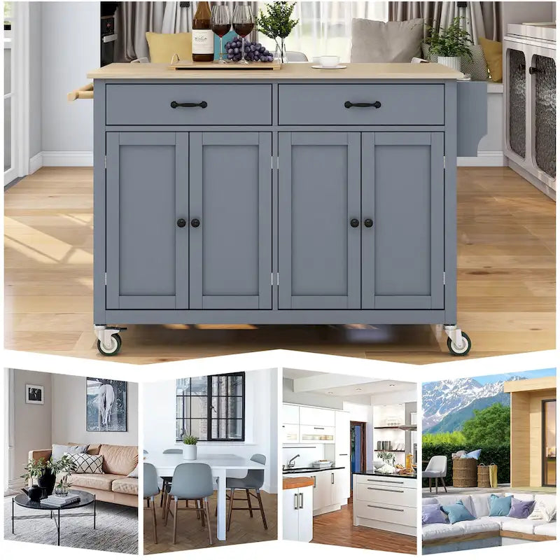 Kitchen Island Cart with 4 Door Cabinet and Two Drawers and 2 Locking Wheels - Solid Wood Top