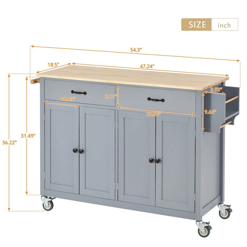 Kitchen Island Cart with 4 Door Cabinet and Two Drawers and 2 Locking Wheels - Solid Wood Top