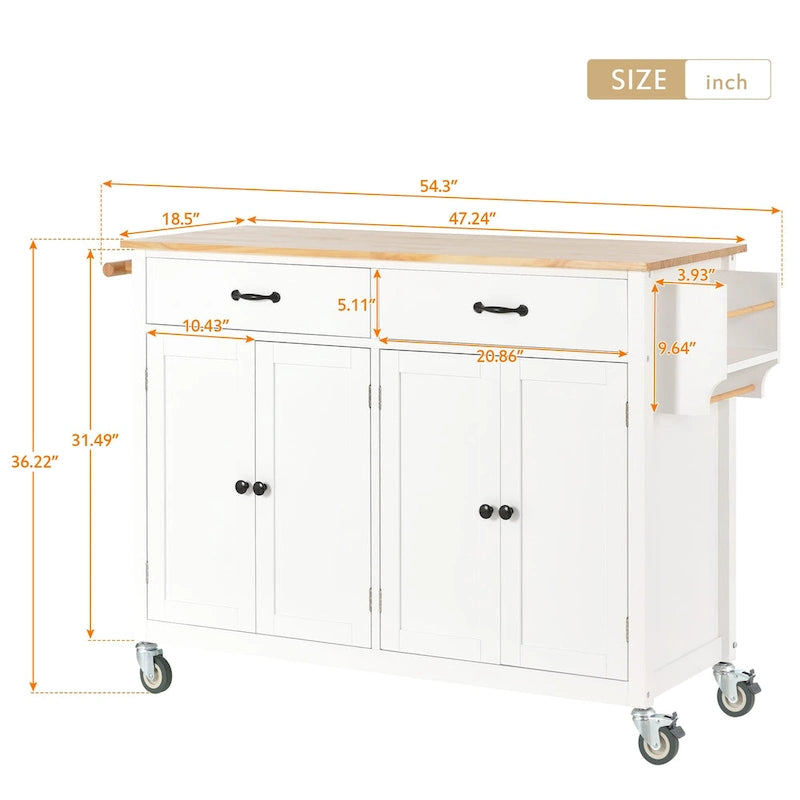 Kitchen Island Cart with 4 Door Cabinet and Two Drawers and 2 Locking Wheels - Solid Wood Top
