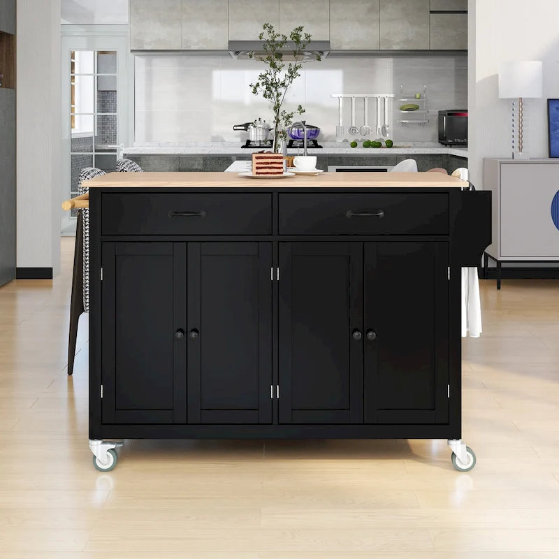Kitchen Island Cart with 4 Door Cabinet and Two Drawers and 2 Locking Wheels - Solid Wood Top