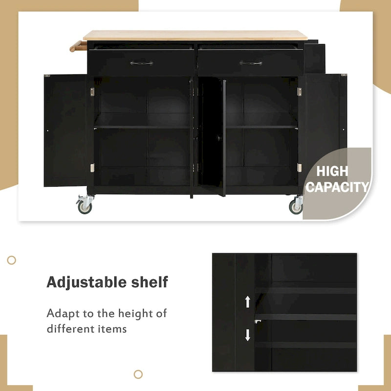 Kitchen Island Cart with 4 Door Cabinet and Two Drawers and 2 Locking Wheels - Solid Wood Top