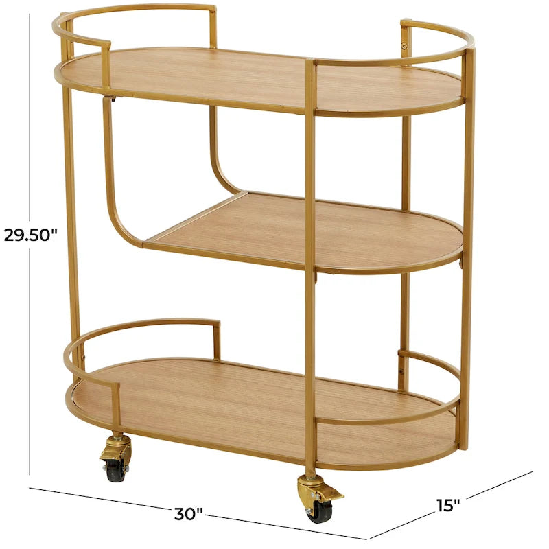 Wood Rolling 3 Shelves Bar Cart with Handles - Gold - Roche River Decor - 15W x 30L x 30H