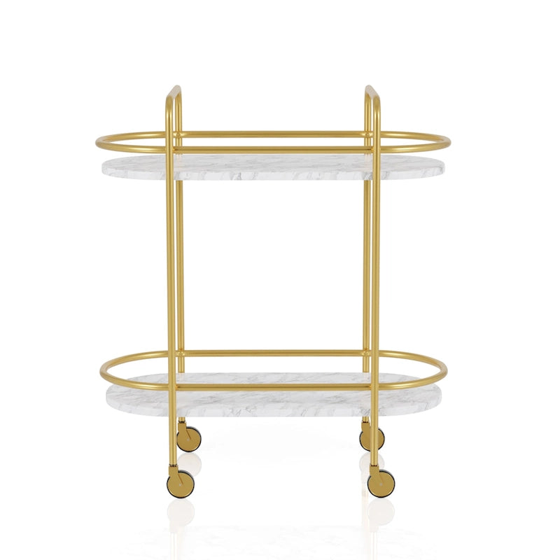 Mardoc Contemporary White and Gold Faux Marble Two Tiers Serving Cart with Caster Wheels by Furniture of America